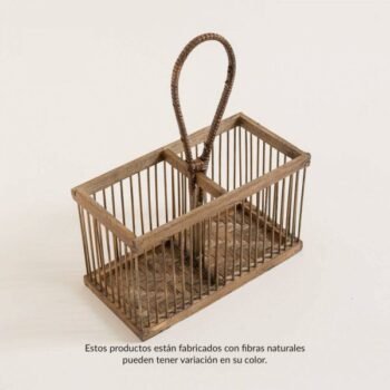 Cesta organizador de madera y fibras naturales de 2 divisiones modelo Hanoi de 20 x 10 x 12 cm