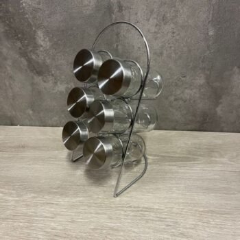 Set de 6 especieros de vidrio con tapa en rack de metal de 13 x 11 x 23 cm