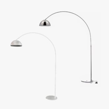 Lampara de pie con brazo curvo pantalla campana y base de metal en blanco o cromado