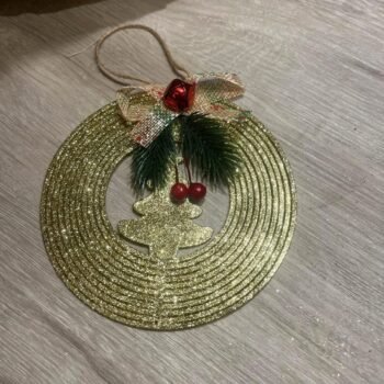 Adorno navideño aros y pino con glitter dorado para colgar de 15 cm