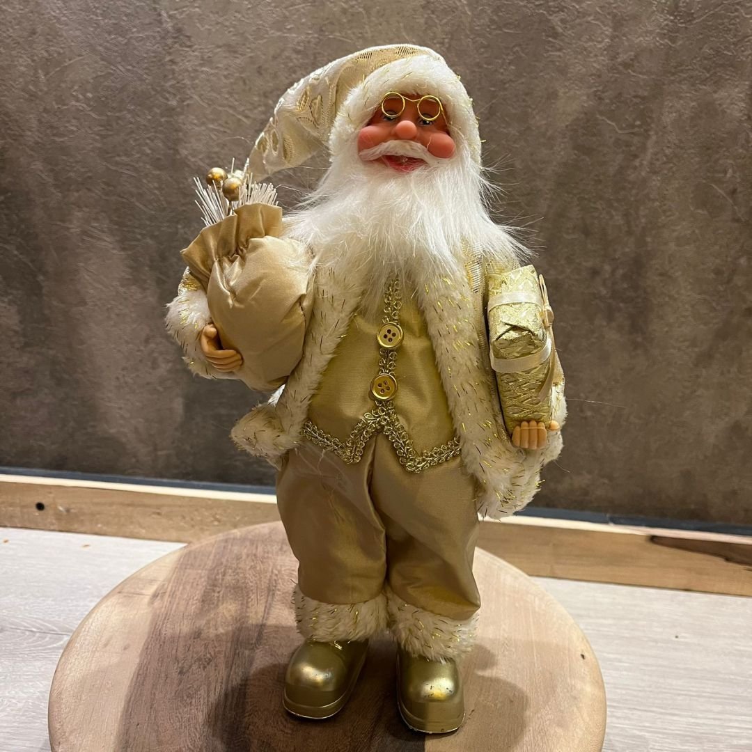 Adorno navideño muñeco de papa Noel con traje dorado