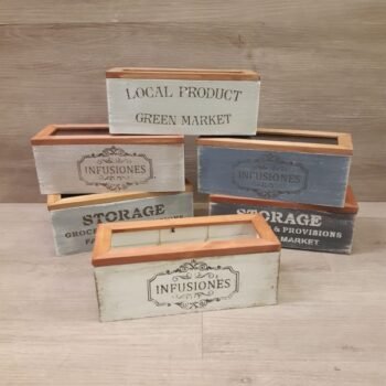 Caja de madera vintage patinada con estampa para te de 3 divisiones