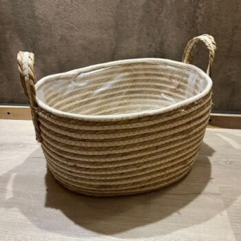 Cesta ovalado de fibras de yute natural combinado con blanco grande de 40 x 29 x 20 cm