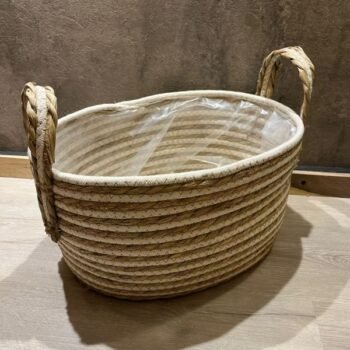 Cesta ovalado de fibras de yute natural combinado con blanco mediano de 35 x 27 x 19 cm