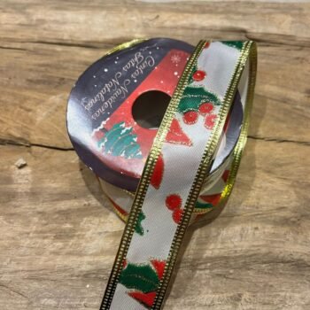 Cinta de razo navideña estampada base blanca de 2,5 cm x rollo de 2 mts