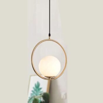 Colgante de metal bronce / dorado aro circular con esfera de vidrio opal