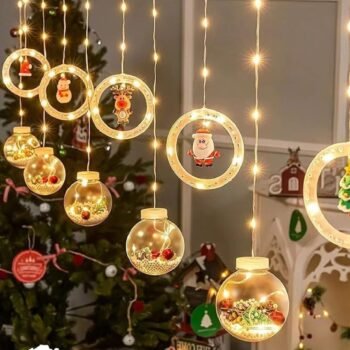 Cortina Led de esferas y aros navideñas luz calida de 3 x 0,80 mts