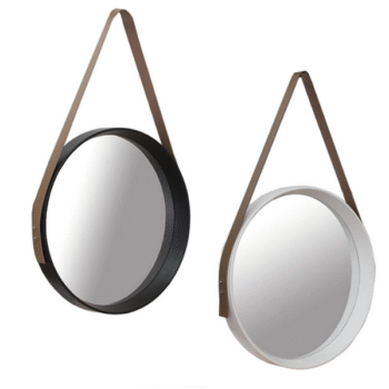 Espejo circular con correa de cuero grande de 50 cm