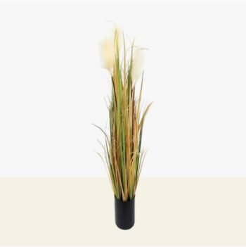 Planta artificial con hojas tipo follaje con pampa grass de 120 cm en maceta