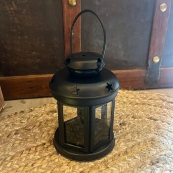 Farol portavela metalico negro mate con vidrios de 10 x 14 cm