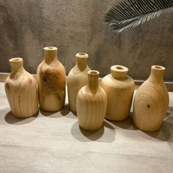 Florero artesanal de madera rustica maciza estilo botellas de 9 x 19 cm