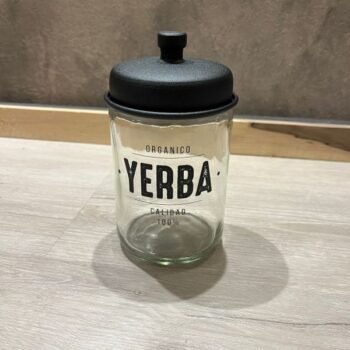 Frasco redondo de vidrio estampado para yerba con tapa de metal