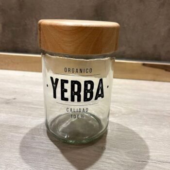 Frasco redondo de vidrio estampado para yerba con tapa de madera