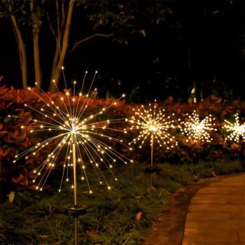 Estaca solar led luz calida con diseño de fuegos artificiales