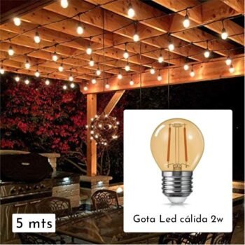 Guirnalda de Exterior Pendulo de 5 mts con 10 lamparas Led Gota 2w ambar Luz Calida