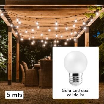 Guirnalda de Exterior Pendulo de 5 mts con 10 lamparas Gota Led opal calida 1w
