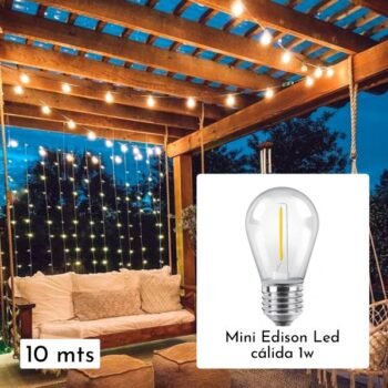 Guirnalda de Exterior reforzada Modelo Plana x 10 mts con lampara Mini Edison Led calida 1w