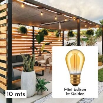 Guirnalda de Exterior reforzada Modelo Plana x 10 mts con lampara Mini Edison Led 1w Golden