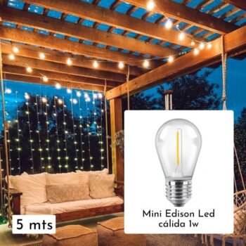 Guirnalda de Exterior reforzada Modelo Plana x 5 mts con lampara Mini Edison Led calida 1w