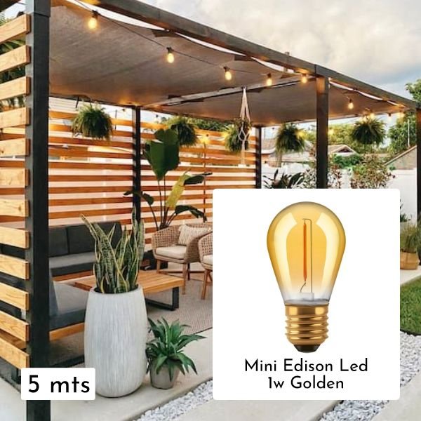 Guirnalda de Exterior reforzada Modelo Plana x 5 mts con lampara Mini Edison Led 1w Golden