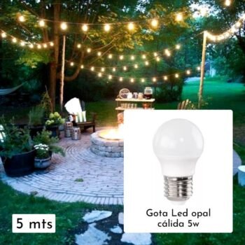 Guirnalda de Exterior reforzada Modelo Plana x 5 mts con lampara Gota Led opal calida 5w