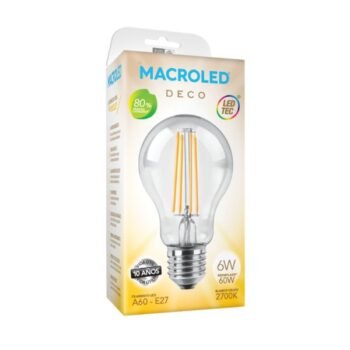 Lampara Filamento Led DECO Bulbo A60 6W Luz Calida Equivalencia 60W Macroled