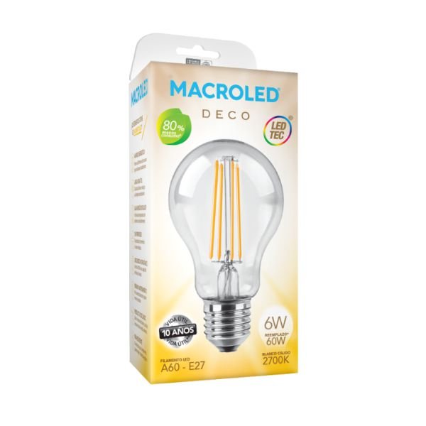 Lampara Filamento Led DECO Bulbo A60 6W Luz Calida Equivalencia 60W Macroled