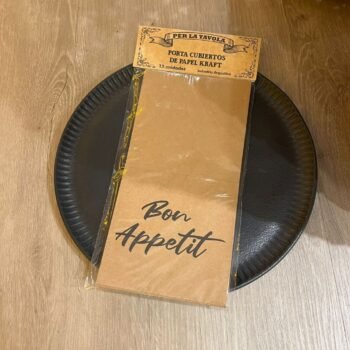 Pack de 12 porta cubiertos de papel kraft estampado con frase Bon appetit