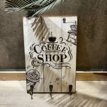 Portallaves de madera estampada Coffe Shop con perchas de metal de 20 x 30 cm