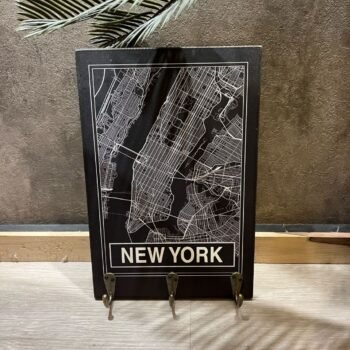 Portallaves de madera estampada New York Map con perchas de metal de 20 x 30 cm