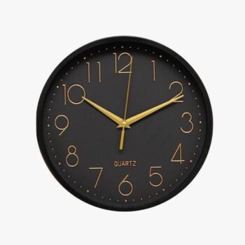 Reloj de pared negro con numeros dorados en relieve de 25 cm