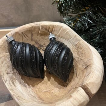 Set de 2 adornos de navidad en forma de gota twisted negro con glitter