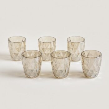 Set de 6 vasos de vidrio con rombos labrados color champagne