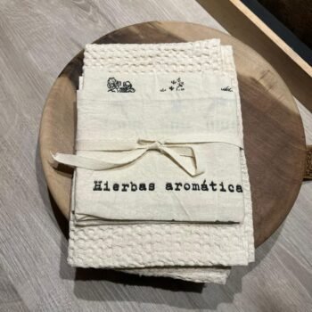 Set de repasador de algodon waffle y paño de liencillo estampado hierbas