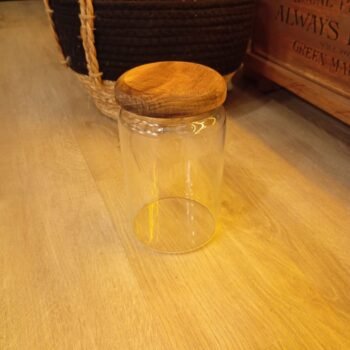 Frasco de vidrio recto liso con tapa de madera de 10 x 17 cm