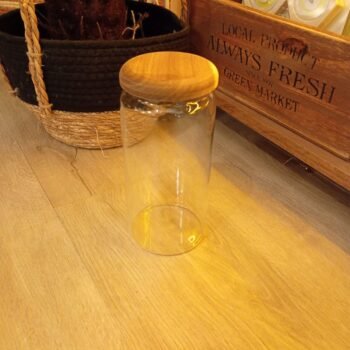 Frasco de vidrio recto liso con tapa de madera de 10 x 22 cm
