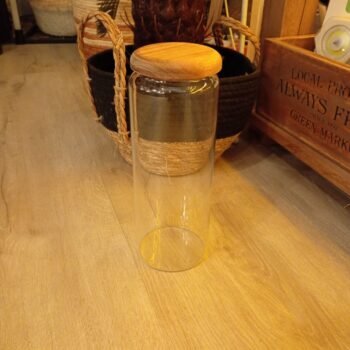 Frasco de vidrio recto liso con tapa de madera de 10 x 27 cm