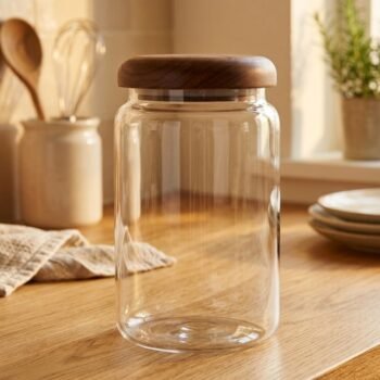 Frasco de vidrio recto liso con tapa hermetica de madera de 15 cm