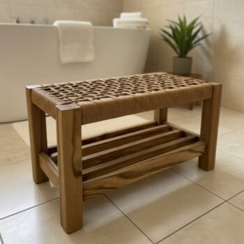 Banco de madera con doble tejido kraft de 56 x 30 x 30 cm