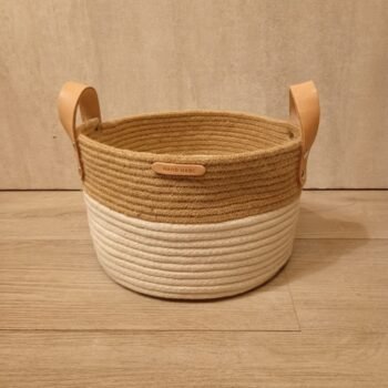 Cesta redonda combinada de algodon y fibras de yute natural de 24 x 16 cm