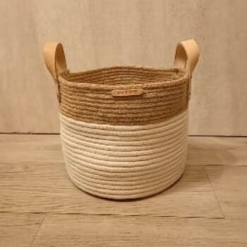 Cesta redonda combinada de algodon y fibras de yute natural de 22 x 28 cm