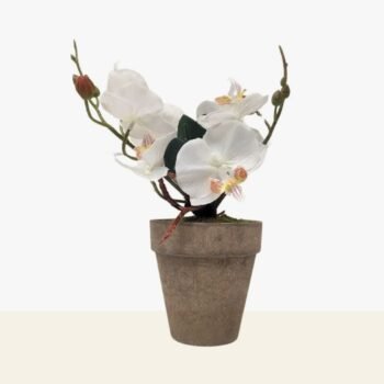 Flores blancas artificiales en maceta de cemento de 35 cm