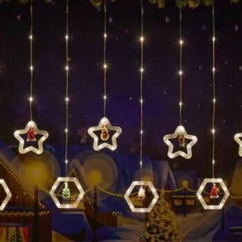 Cortina Led navideñas estrellas y hexagonos luz calida de 3 x 0,60 mts
