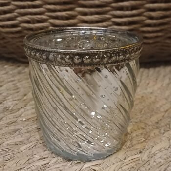 Posa vela chico de vidrio labrado metalizado de 6,5 x 6,5 x 7 cm