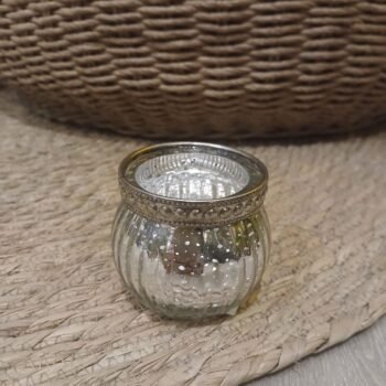 Posa vela chico bombé de vidrio labrado metalizado de 6 x 6 x 5 cm