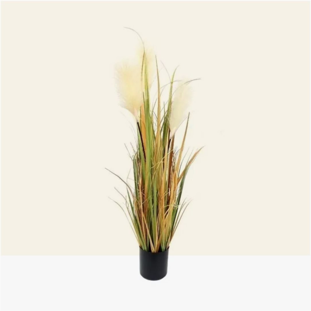 Planta artificial con hojas tipo follaje con pampa grass de 90 cm en maceta
