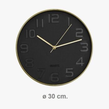Reloj de pared negro con marco dorado y numeros en relieve de 30 cm