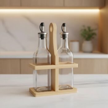 Set aceitero vinagrero de vidrio con pico vertedor y atril de bambu