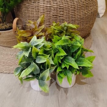 Planta artificial hojas verdes en maceta blanca de 8 x 20 cm