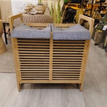 Canasto doble para lavadero bambu con tela gris